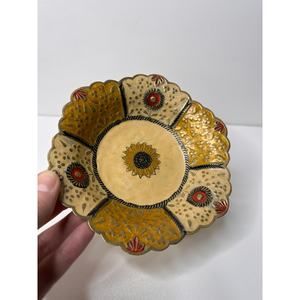 Vintage Brass Ornate Dish Decor Plate Sunflower Bowl Hand Painted Flower Boho